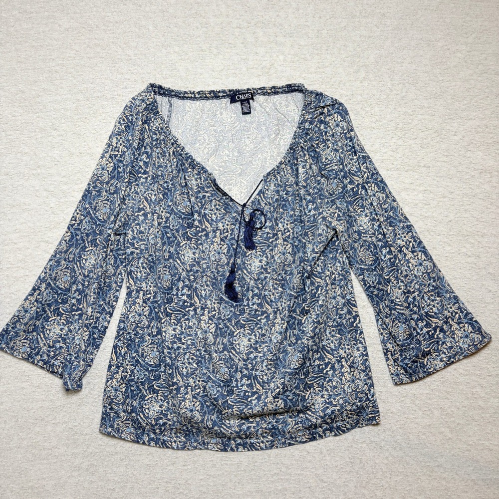 Chaps Womens Peasant Blouse Large Blue Paisley Tassel Tie 3/4 Bell Sleeve Top